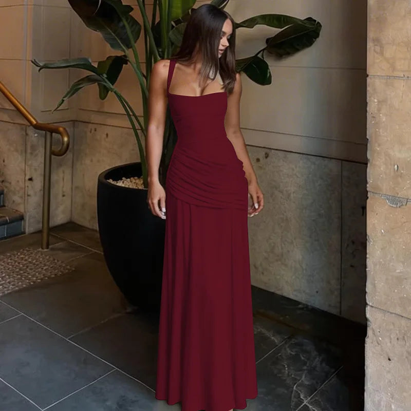 FDYOUI Fashion Sleeveless High Waist Tunics Long Maxi Dress Party Gowns Women Chic Backless Lace-up Folds Slim Evening Dresses