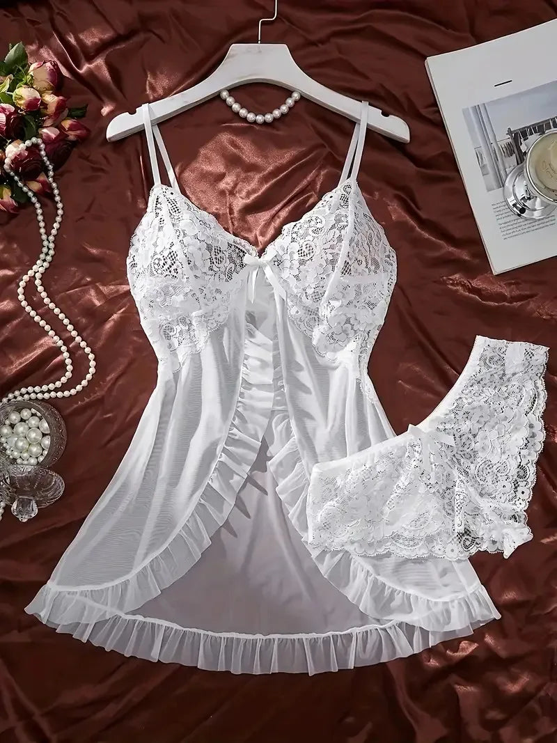 A Set Of Tulle Ultra Sexy Nightgown V-neck Bra Open Sleep Skirt Night Erotic Dress Woman Sheer Pajamas Lingerie Pants Luxury kit