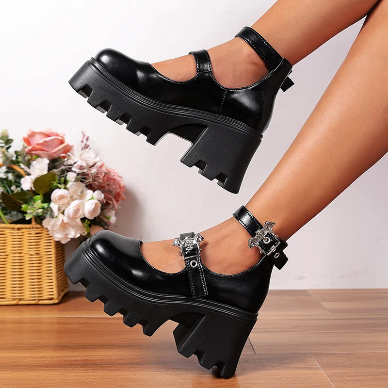 Black Chunky High Heels Mary Jane Shoes Women Punk Style Double Buckle Platform Pumps Woman Plus Size 43 Thick Heels Party Shoes