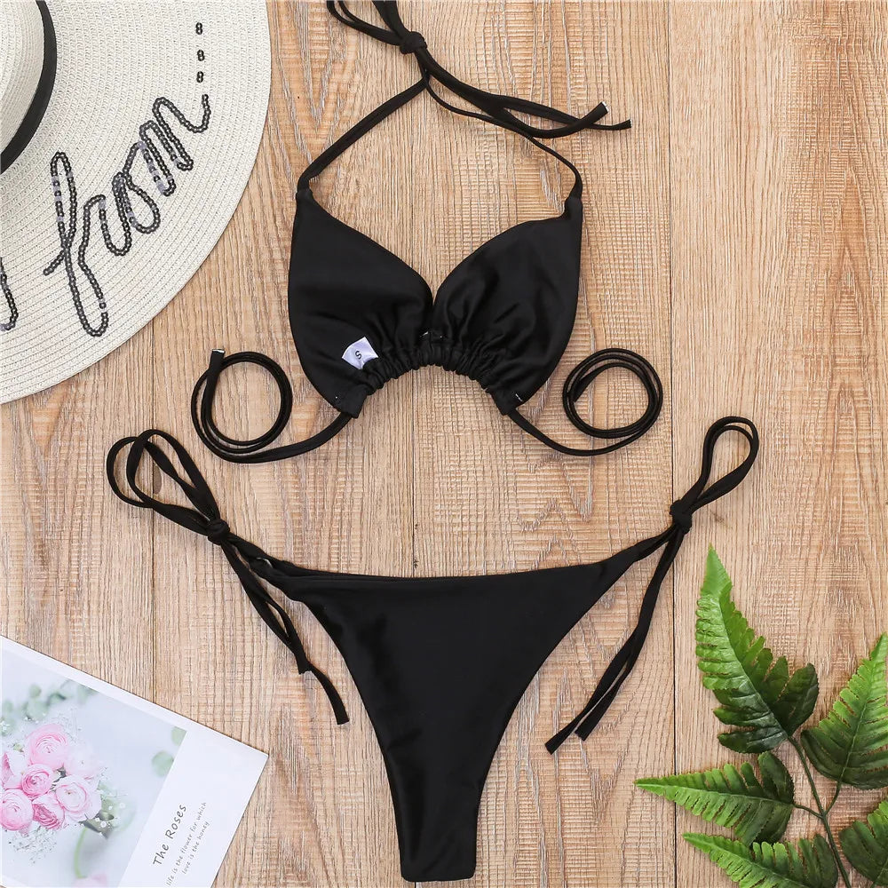 DEKA Summer Triagle Bikini Set Swimsuit Women Sexy Push-up Padded Bra Thong Swimwear Bandage Beachwear Bathing Suit Female