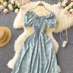 2025 Summer French Vintage Floral Dress Fashion Elegant High-Waisted Drawstring Vestidos Printed Fresh And Sweet Long Dresses