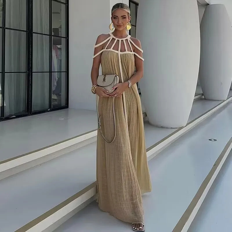 Summer Sleeveless Party Dress, Women Loungewear O-Neck Hollow Out Party Dress, Solid Color Patchwork Beach Style Ladies Dress