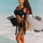 Tummy Cut Out Splicing Fringe Tassel Women Swimwear One Piece Swimsuit Female Monokini High Leg Cut Bathing Suit Swim Beach Wear