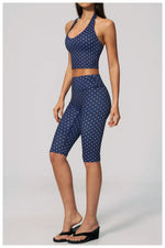 New Summer Women White Polka Dot Print Yoga Sets Hanging Neck Slim Sport Vest High Waist Mid Pants Gym Two-piece Workout Clothes