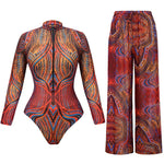 XS - XXL Printed Long Sleeve With Pants Women Swimwear One Piece Swimsuit Female Zipper Padded Bather Bathing Suit Swim V7094