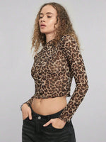European American Women Mesh Leopard Print Tops Stand Collar Long Sleeve Short T Shirt Elegant Versatile Inner Blouse Daily Casu