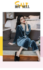 Pajamas gold velvet long sleeve lace cardigan set sexy home wear