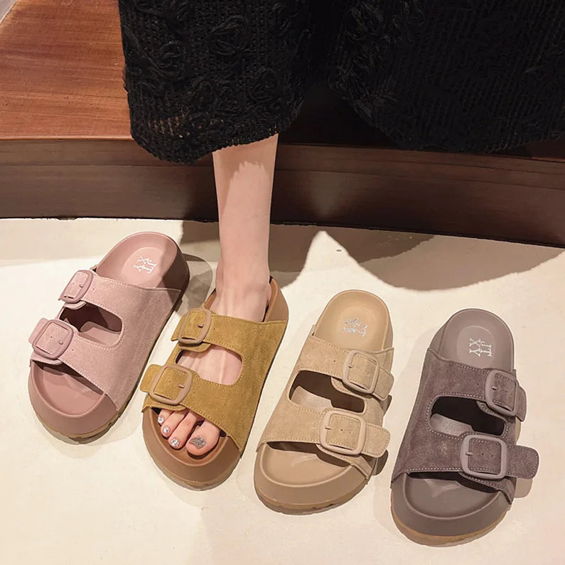 Women Leisure Slippers Retro Trend With Buckles Female Summer Casual Shoes Comfortable Beach Slides Girls Platform Sandals