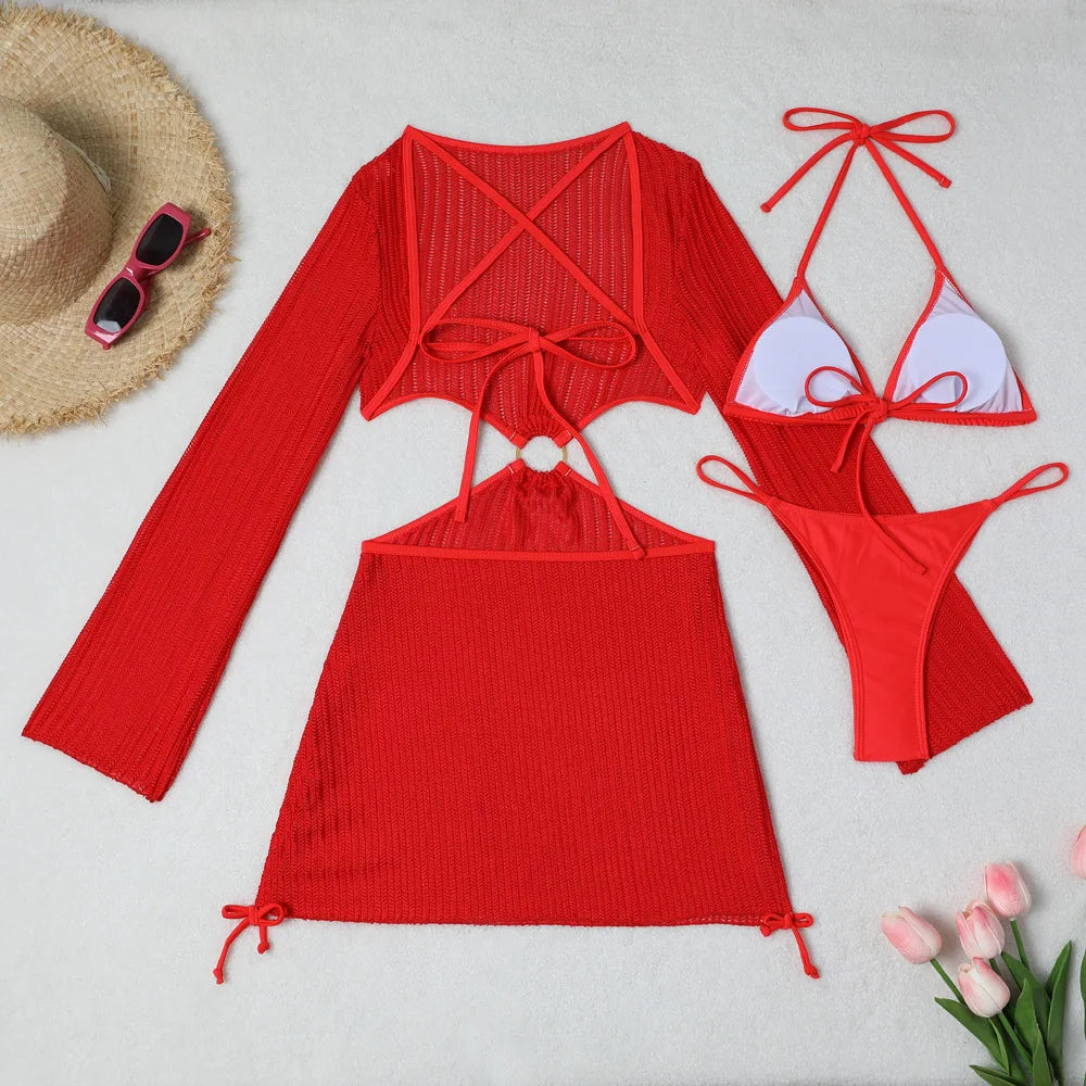 DEKA Women Solid Bikini Set Halter Bra Lace-up Swimsuit Set With Mesh Yarn Cover Up Dress KnittedLong Sleeve Boho Swimwear