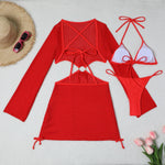 DEKA Women Solid Bikini Set Halter Bra Lace-up Swimsuit Set With Mesh Yarn Cover Up Dress KnittedLong Sleeve Boho Swimwear