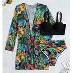 2025 Three Pieces Bikini Set Cover Up Swimwear Women Swimsuit Print Long Sleeve Push Up Bathing Suit Beachwear Swimming Biquini