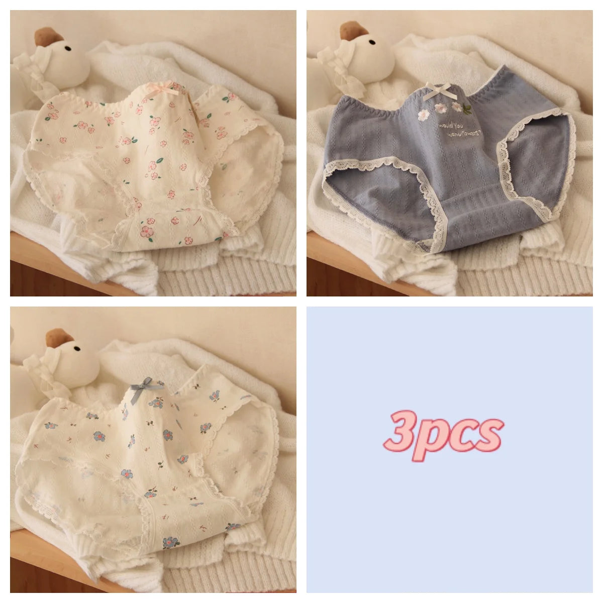 3pcs Soft Cute Floral Cotton Panties for Girls School Style Lace Trim Antibacterial Crotch Triangle Briefs Sweet Underwear