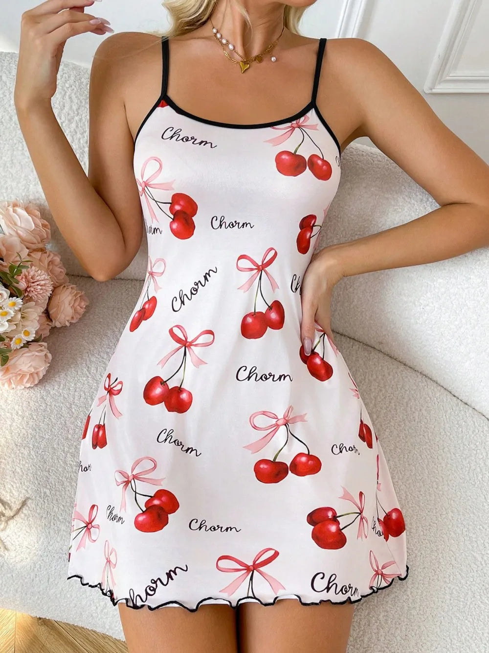 Cherry Printed Slip Nightdress Women Sleepwear Straps Sleep Mini Dress Nighties Nightgown Loungewear Valentine's Day Gift