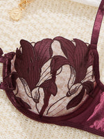 Burgundy Floral Embroidery Satin Lingerie Set Sheer Mesh Underwire Bra & Thong Women Sexy Underwear ZA824031