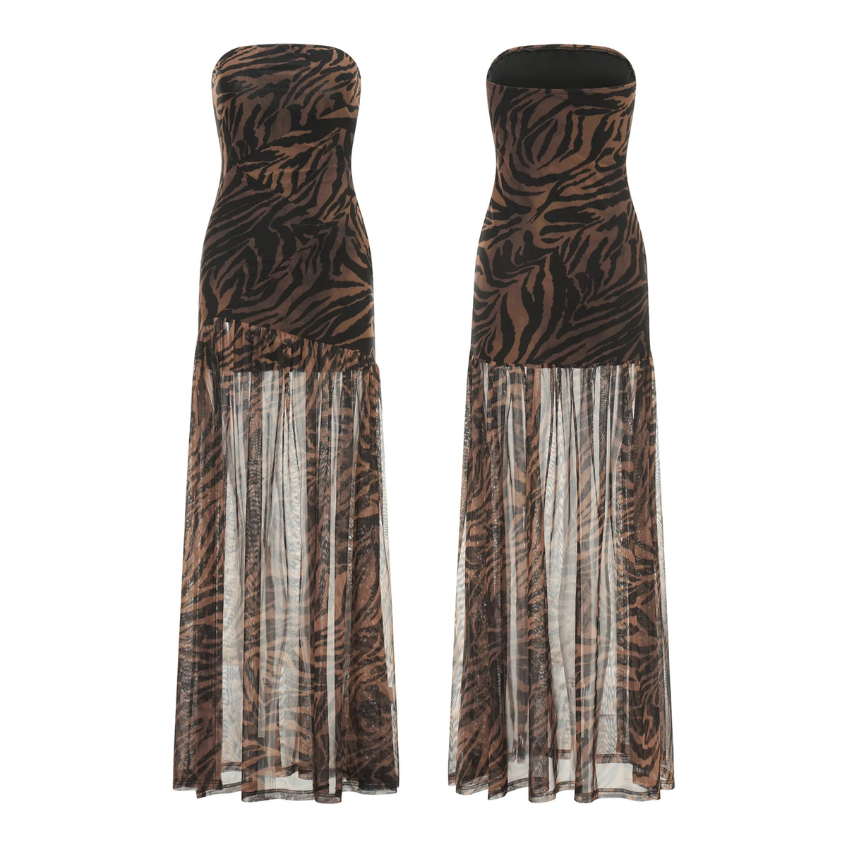 Women’s Tube Top Dress Bohemian Printed Strapless Mesh High Slit Long Dress Summer Evening Party Beach Sexy Club Dresses Summer