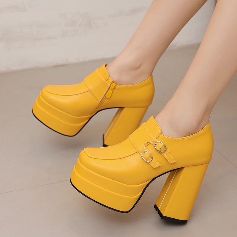 Plus Size Double Row Small Buckle Side Zipper Square Toe Double Layer Platform High Thick Heel Women's Pumps Shallow High Heels