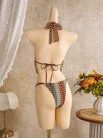 Bohemia Style Coffee Striped Bikini Set 2026 Women Cover Up+Long Skirt 4 Piece Swimsuit Summer Holiday Bathing Suit Swimwear
