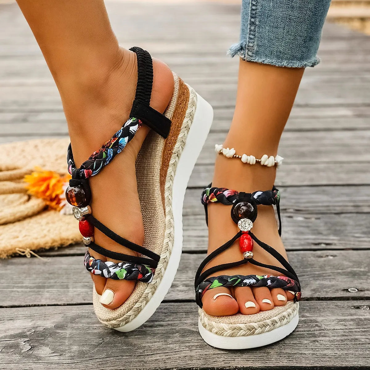 Fashion T-Strap Platform SandalsWomen New Mix Color Elastic Band Wedge Sandals Woman Summer Daily Open Toe Sandalias Female