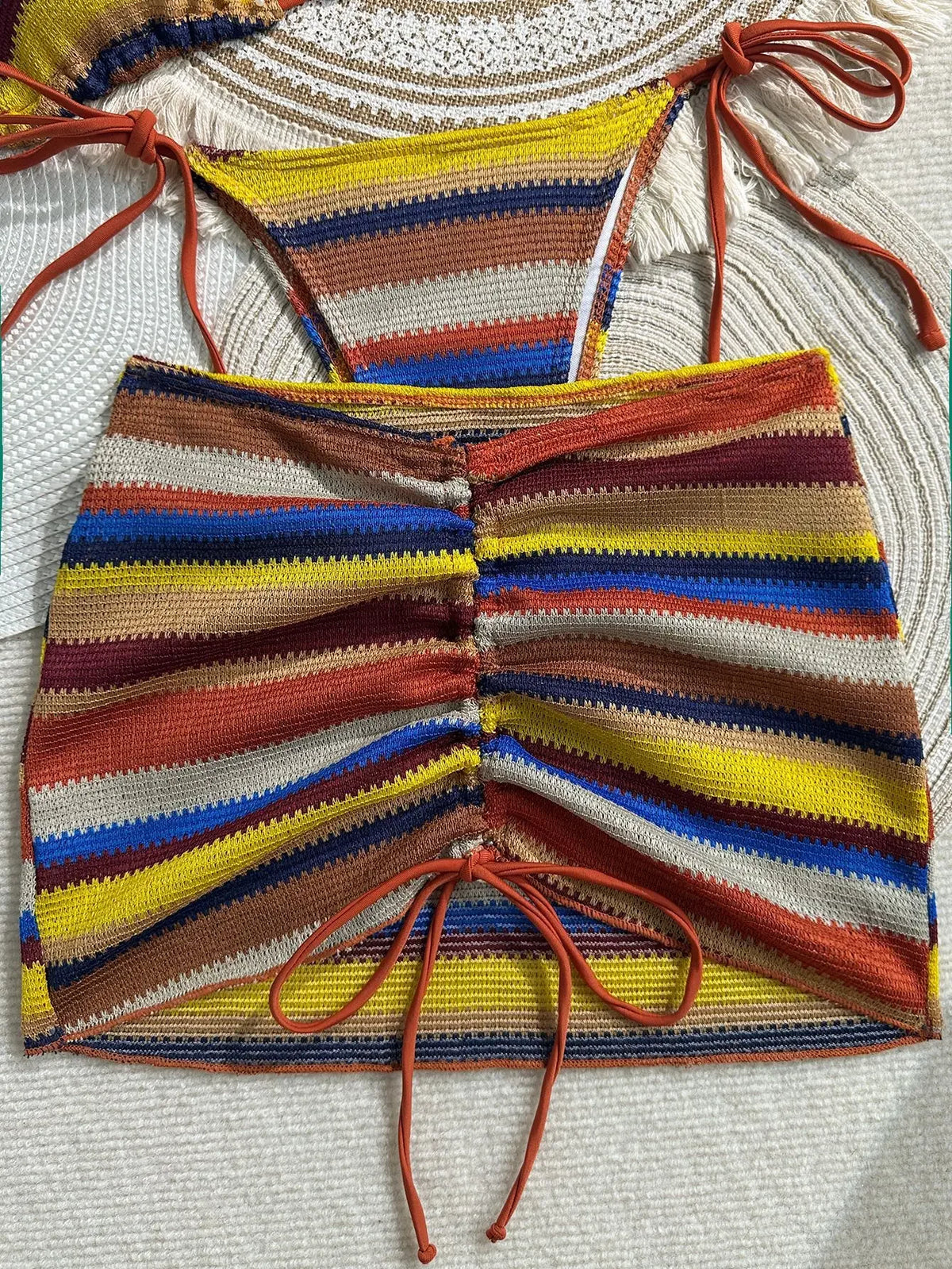 Sexy Coffee Striped Knitted Bikinis Sets 2026 Women Holiday Drawstring Side Skirt 3 Piece Swimsuit Summer Bathing Suit Swimwear