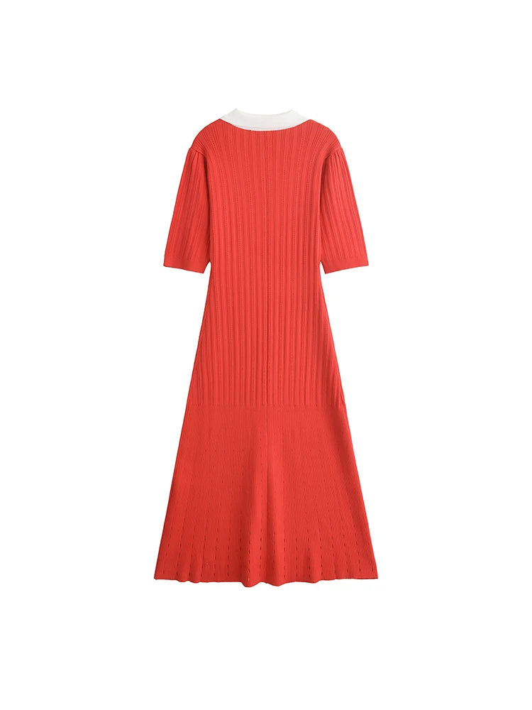 Foridol Red Knitted Polo Dress Autumn Winter Women Dress Casual Elegant Maxi A-line Hollow OutDress Slim Christmas Party