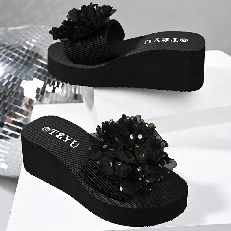 Mesh Big Flower Wedges Slippers Women Plus Size 43 Gold Sequins Platform Sandals Woman 2026 Summer Thick Sole Casual Slides
