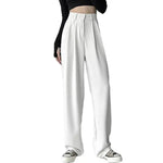 Women High Waist Straight Wide Leg Pants Solid Color Suit Pants Elastic Slant Pockets Loose Office Trousers