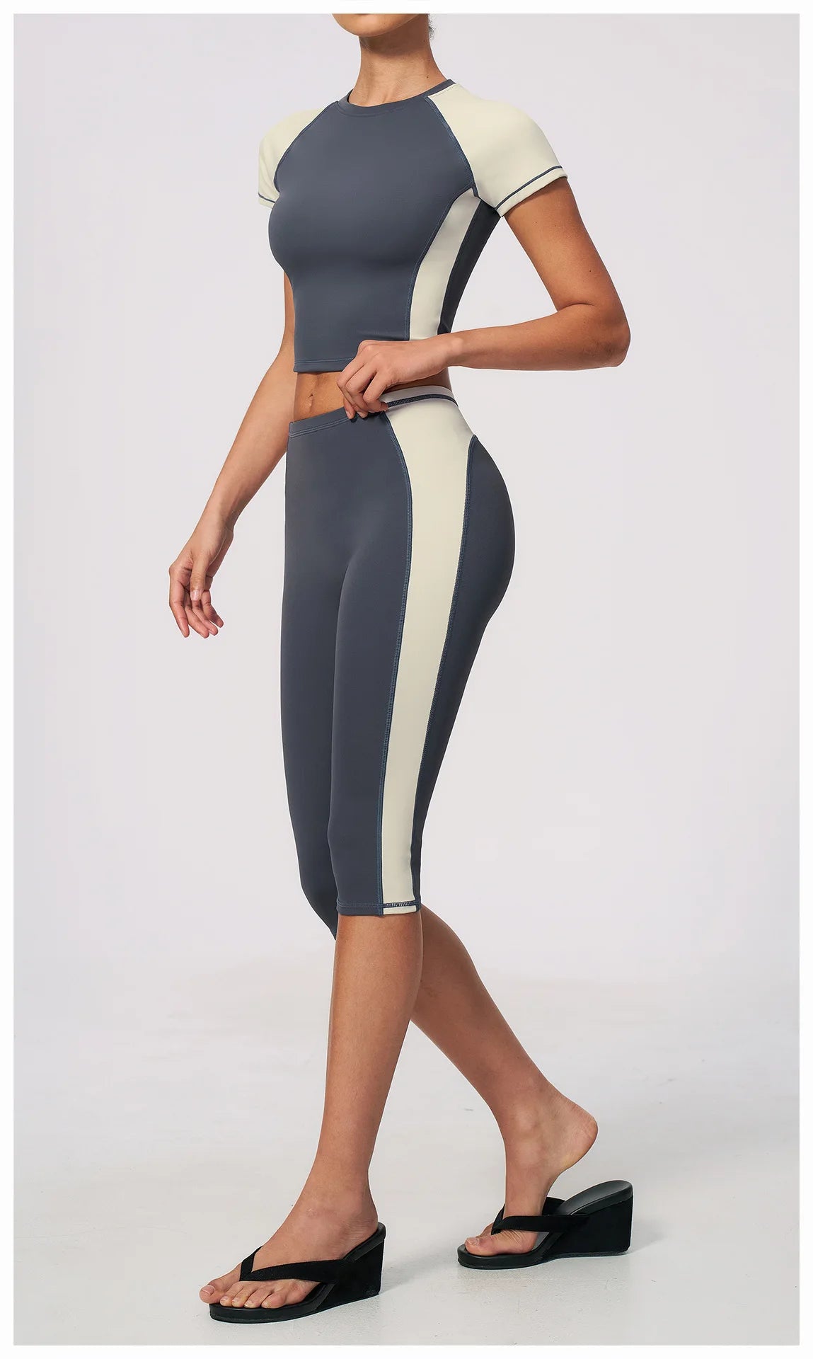Color Blocking 2PCS Yoga Set Women's Tracksuit Short Sleeve O Neck Sports T Shirts High Waist Cropped Pants Tight Fitness Suits
