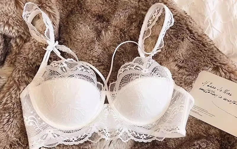 MOYISU French Pure Lace Bralette Petite Bra Set, AABB Cup with Removable Straps & Thin Push Up Pads, Soft Underwire Sexy Women's