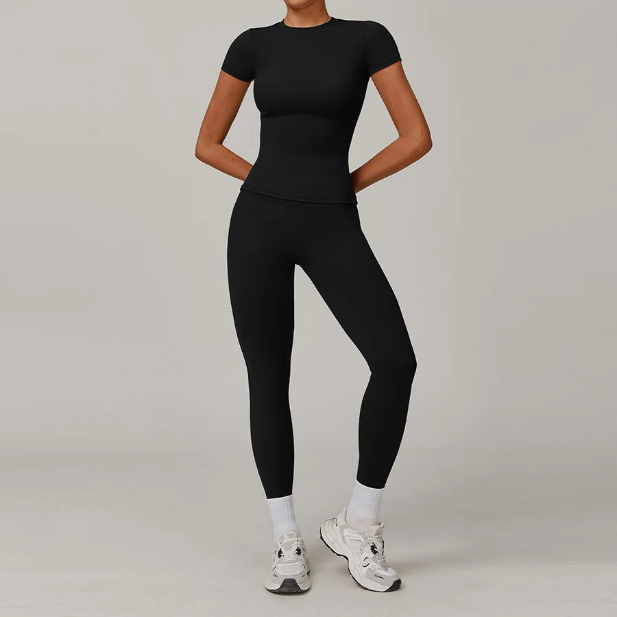 New Yoga Set Two Piece Women Short Sleeve Top with High Waist Leggings Seamless Workout Clothes Patchwork Sport Fitness Gym Sets