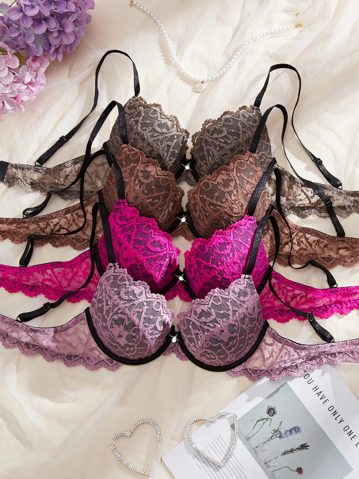 4Pcs Daily Lace Trim Women's Underwear Set Rhinestone Push up Underwire Bra Airy & Stylish Women Lace Lingerie Set