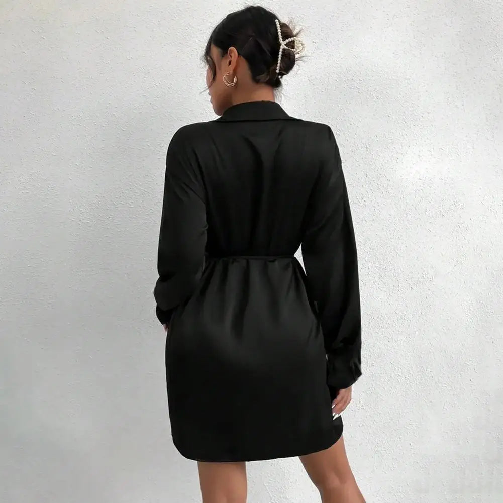 Party Club Short Dress Women's Satin Shirt Dress V Neck Long Sleeve Wrap Dresses Casual Tie Waist Mini Dress