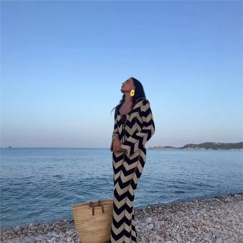 Knitted Dress Leace-up Vestido Dresses 2025 Woman Beach Hollow Out Slim Vacation Beachwear Temperament Long Sleeves Holiday Sexy