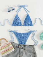 Sexy Sequin Blue Micro Bikini Set Women Shiny Push Up Bra Tie Side Triangle Swimsuit Summer Bathing Suit Holiday Swimwear 2026