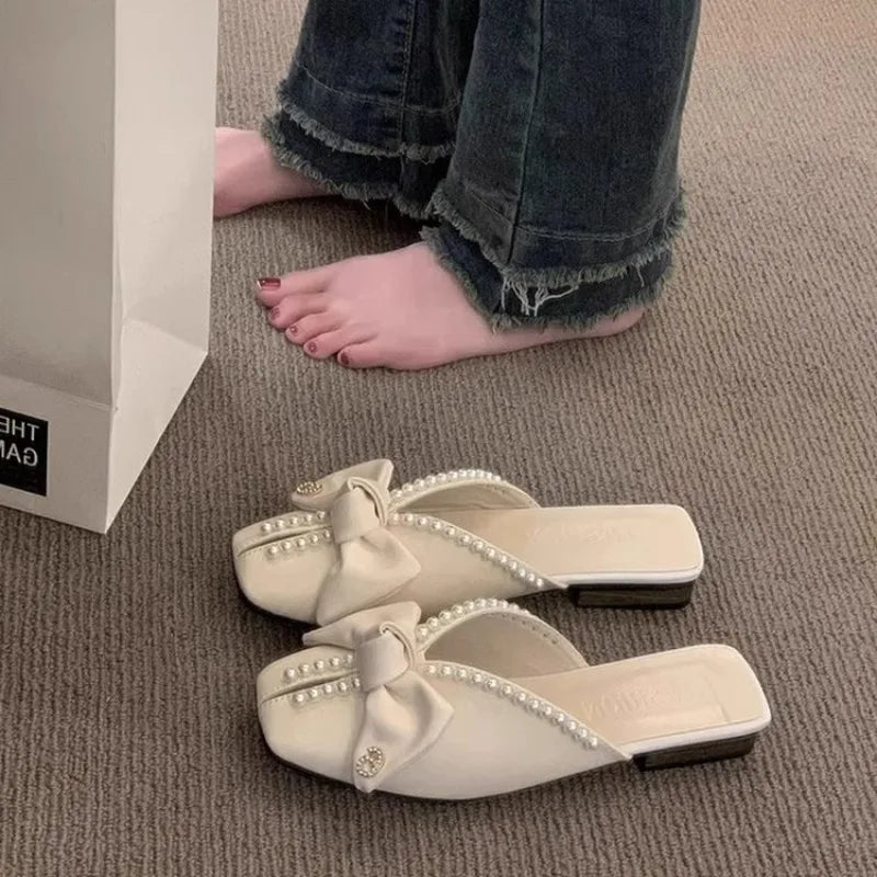 Pearl Slides With Bow Woman Slippers New Collection Original Style Shoes for Women Unique Waterproof Chic and Elegant