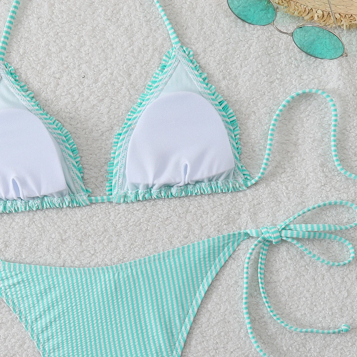 New Sexy Blue Striped String Bikinis Two Pieces Swimsuit Women Swimwear Halter Beach Wear Swim Bathing Suits Frill Bikini Set
