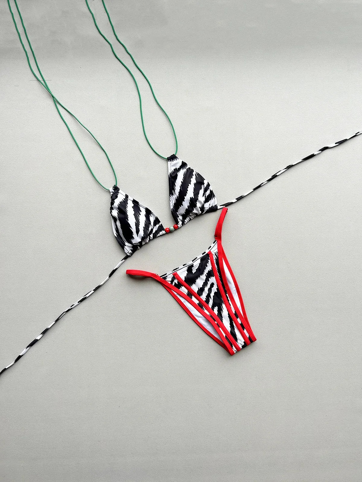 Sexy Red Zebra Print Contrast Bikini Set 2026 Women Double Strap Push Up Bra Bandage Thong Swimwear Bathing Suit Micro Swimsuit