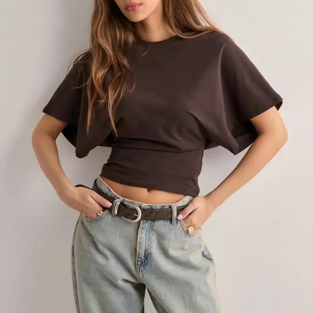 Women Solid Color Round Neck T-Shirt Breathable Casual Top Summer Short Sleeve Pullover Tee for Work Daily Wear Parties