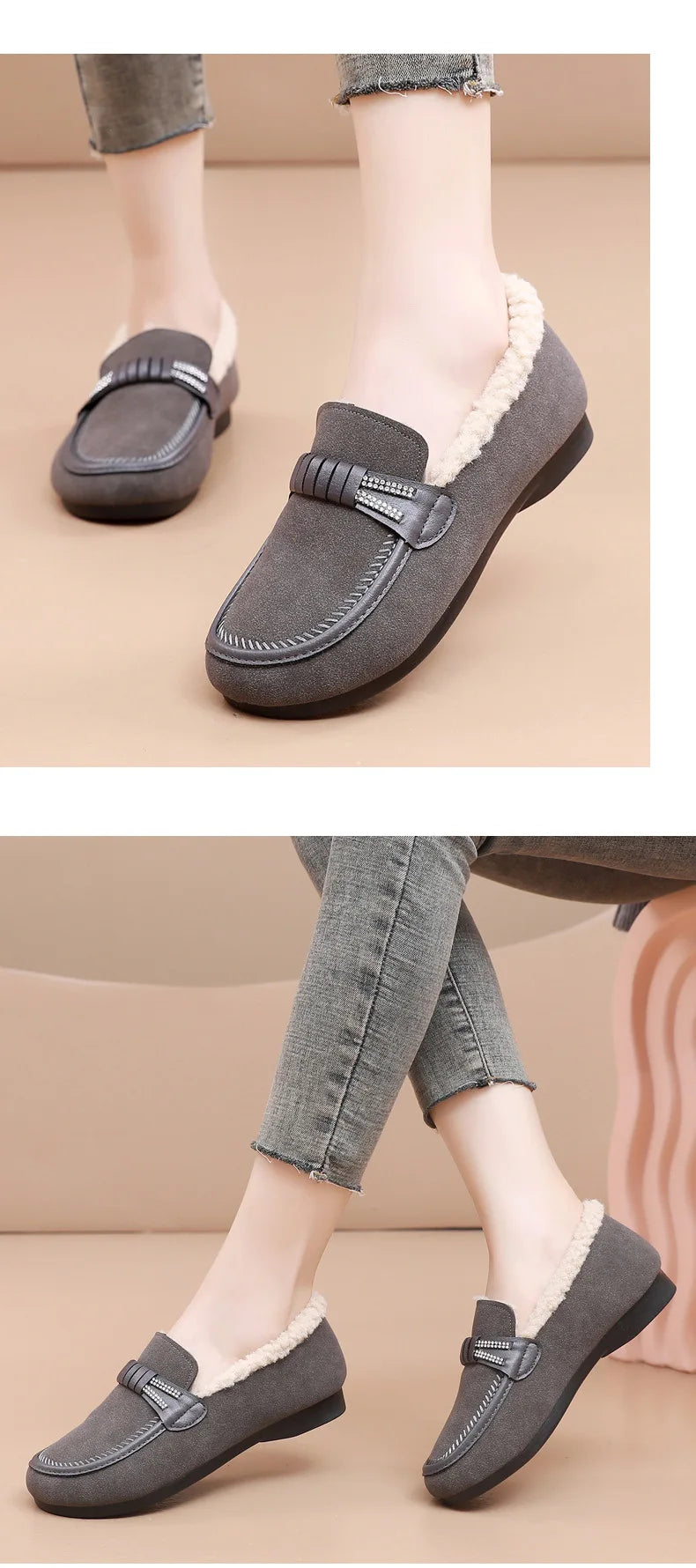 Retro Women's Slip on Flat Shoes White Women Soft Sole Non-slip Loafer Female Casual Plush Warm Cotton Shoes Zapatillas Mujer