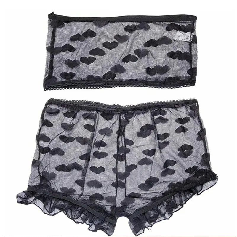 2 Piece Heart Printed Mesh Lingerie Set Sexy Transparent Lace Bra And Thong Set Seamless Lenceria Erotic Fancy Intimate