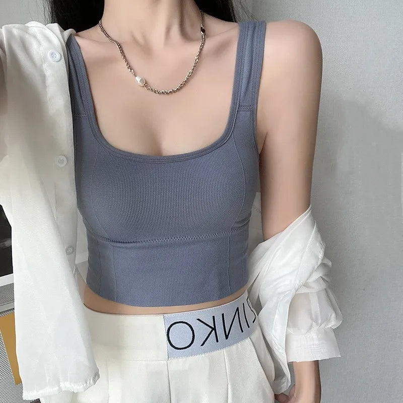 Women Crop Top Padded Tank Top Sports Bra Seamless Underwear Summer Fitness Casual Streetwear Camisole Removable Pads