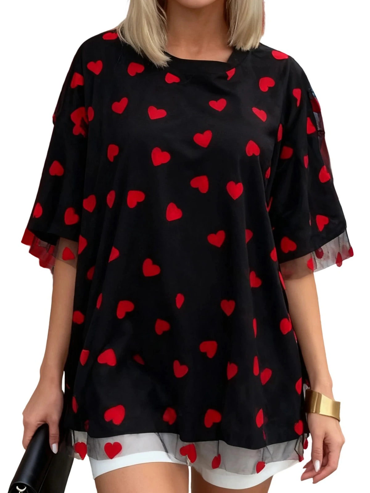Summer T-Shirt Women Casual Loose Fit Stylish Love Heart Print Crew Neck Short Sleeve Tops