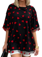 Summer T-Shirt Women Casual Loose Fit Stylish Love Heart Print Crew Neck Short Sleeve Tops