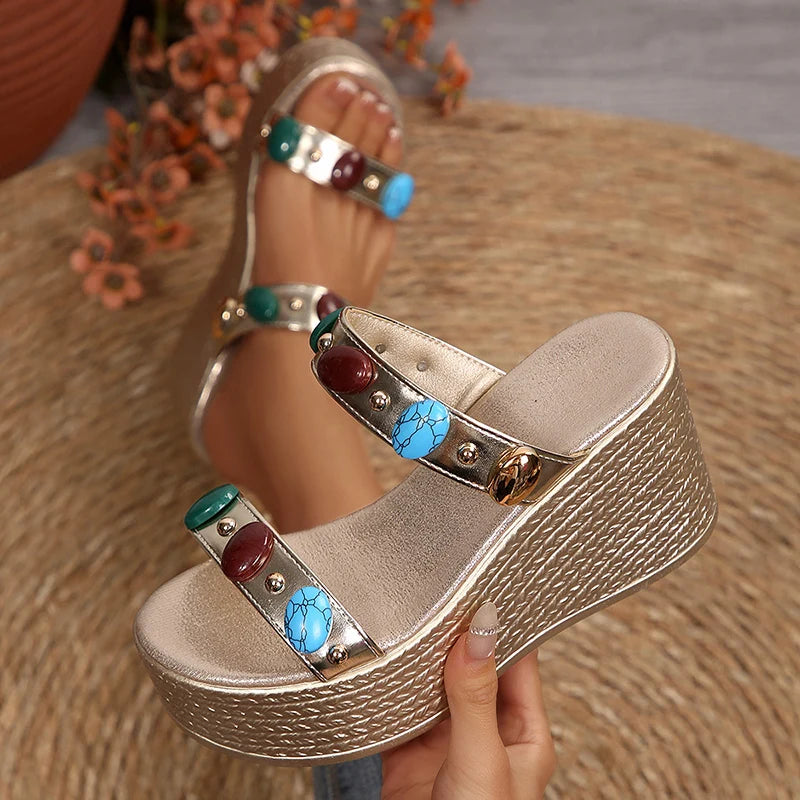 Fashion Gems Chunky Wedges Sandals Women Summer Plus Size 43 Platform Slippers Woman 2026 Gold Super High Heeled Sandalias Mujer