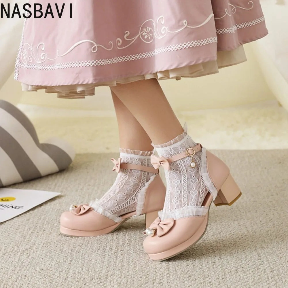 Girls Women 2026 Lolita Square Heeled Leather Single Shoes White Bow Lolita Mary Janes Summer Buckle Strap Sandals Dress Shoes