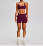 Spring Summer Seamless Yoga Sets Women Hanging Neck Back Criss Cross Sports Bra Gym Exersize Suit Outwear Gym Running Tracksuit