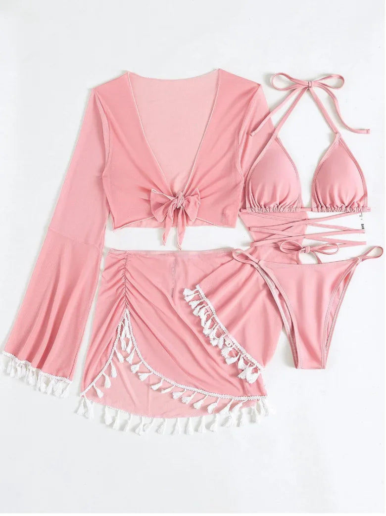 Sexy 4pcs Boho Tassels Trim Bikinis Sets Ladies Padded Bikini Set +cover Up Tops Skirts Beachwear Bathing Suit Biquini Monokini
