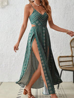 Deep V-Neck Backless Sling Dress with Thigh High Slit, Floral Print Beach Holiday Party Maxi Dress, Summer Women's Clothing