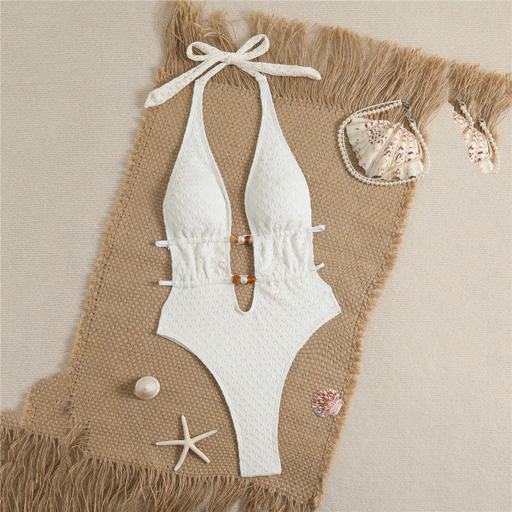 Sexy Halter Backless White Swimsuit Woman One Piece Bead String Swimwears 2026 Hollow Out Monokini High Cut Swimming Suit Bather