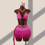 Vintage Hot Pink Gradient Bikini Set 2026 Women Push Up Bra Holiday Mesh Pleate Cover Up 3 Piece Swimsuit Bathing Suit Swimwear