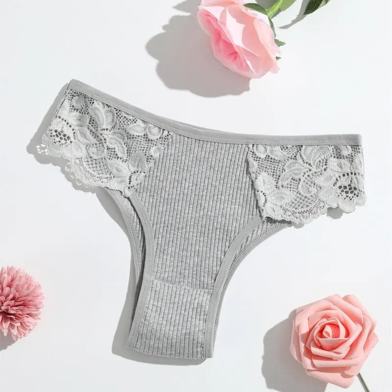 1 Pack Women's Lace Trim Ribbed Cotton Panties Breathable Low-Waist Briefs Sexy Side Lace Lingerie Skin-Friendly Underwear S-L